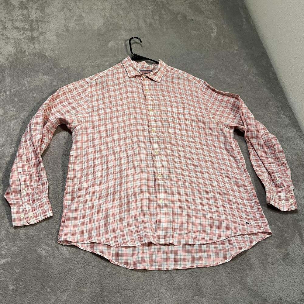 Vineyard Vines Linen Shirt Mens Large Red Plaid Long Sleeve Button Up Casual